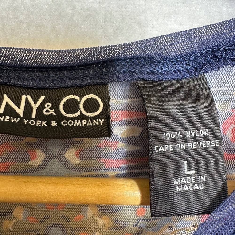 New York & Company Mesh Top Women L Blue Tapestry Print Sheer Long Sleeve - Picture 5 of 9